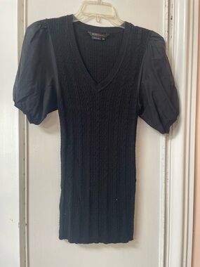 BCBGMaxAzria Black V-Neck Cable Knit Top with Puff Sleeves